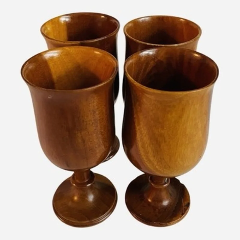 Vintage Mid-Century Modern Hand Carved Wood Goblets Wine Chalices Cups Set of 4